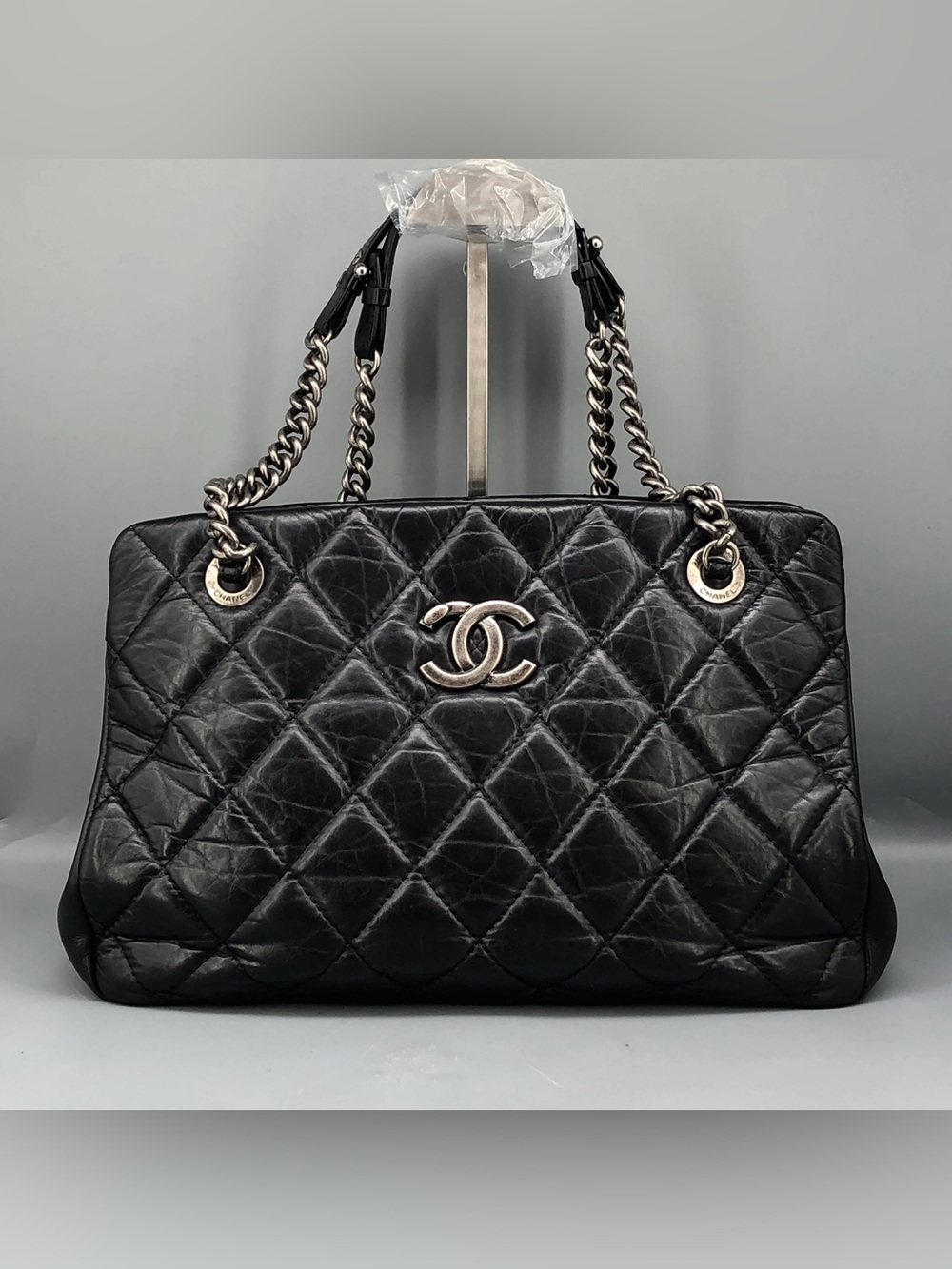 Chanel Quilted Aged Calfskin Crown Tote Bag Black SHW